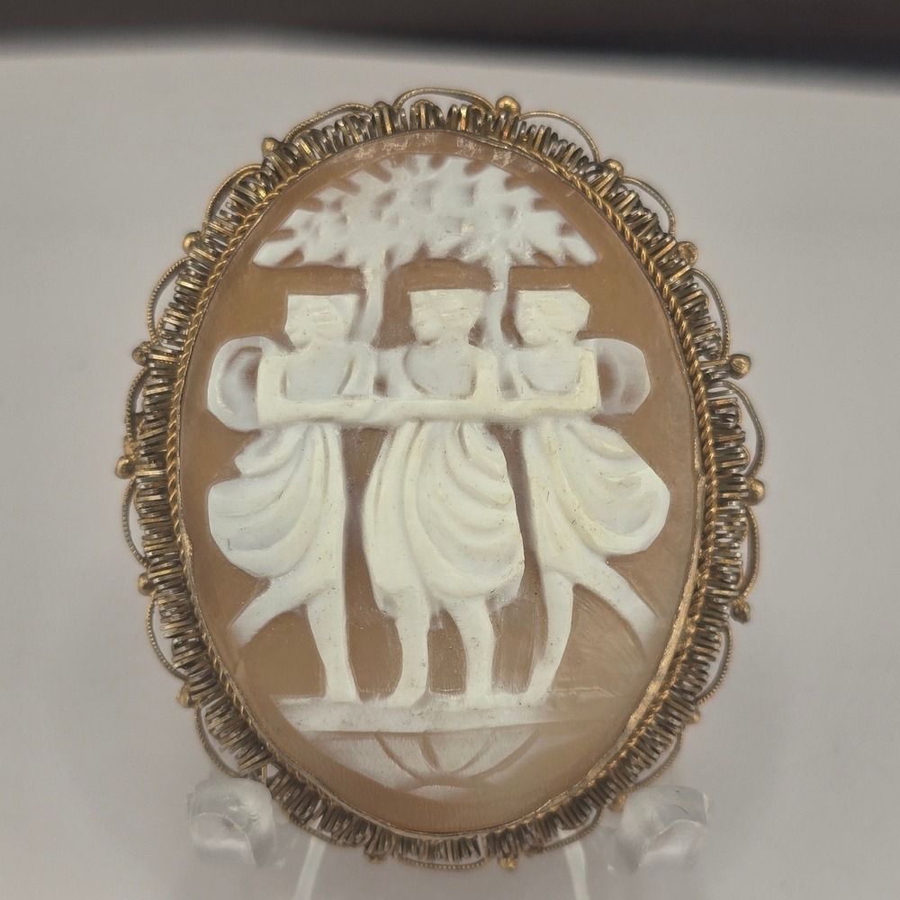 Vintage Estate Three Graces Cameo Brooch Gold Tone Filigree Shell 1.5in